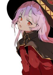 Rule 34 | 1girl, bad id, bad pixiv id, brown cloak, cloak, cosplay, ddari, eyelashes, fang, hat, highres, kono subarashii sekai ni shukufuku wo!, large hat, long eyelashes, long hair, looking at viewer, megumin, megumin (cosplay), open mouth, original, pink hair, red eyes, simple background, solo, tongue, upper body, white background, witch hat