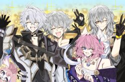 2boys 3girls ;) black_coat black_gloves blue_eyes breasts caelus_(honkai:_star_rail) ceremonial_blade_(honkai:_star_rail) cleavage coat cyrene_(honkai:_star_rail) fingerless_gloves gloves grey_hair hair_ornament highres holding holding_staff honkai:_star_rail honkai_(series) jewelry looking_at_viewer medium_hair mem_(honkai:_star_rail) multicolored_hair multiple_boys multiple_girls necklace one_eye_closed phainon_(honkai:_star_rail) pink_hair purple_coat short_hair small_breasts smile staff star-shaped_pupils star_(symbol) stelle_(honkai:_star_rail) symbol-shaped_pupils trailblazer_(honkai:_star_rail) two-tone_hair v w white_coat white_hair yellow_eyes zhang_dabao_mai_yu