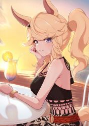 Rule 34 | 1girl, absurdres, animal ears, armlet, belt, bikini, black bikini, blonde hair, blue eyes, blush, bracelet, breasts, brown belt, chahiro, chair, day, ear ornament, evening, floral print, glass, gold bracelet, gold city (boho flare) (umamusume), gold city (umamusume), gold necklace, head rest, highres, horse ears, horse girl, horse tail, jewelry, looking at viewer, multicolored nails, necklace, official alternate costume, official alternate hairstyle, outdoors, shawl, sidelocks, sitting, sky, smile, solo, swimsuit, table, tail, umamusume