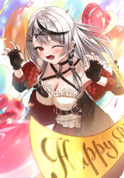 Rule 34 | 1girl, absurdres, balloon, belt, black belt, black choker, black gloves, black hair, black jacket, blush, braid, breasts, choker, cleavage, commentary, confetti, ear piercing, earclip, fang, fingerless gloves, fingernails, gloves, grey hair, hair ornament, hairclip, happy birthday, heart, heart balloon, heart collar, heart hair ornament, highres, hololive, jacket, large breasts, long hair, long sleeves, looking at viewer, multicolored hair, nail polish, one eye closed, open mouth, piercing, plaid clothes, plaid skirt, red eyes, red jacket, red nails, red skirt, sakamata chloe, sakamata chloe (1st costume), shirt, skirt, smile, solo, streaked hair, takotakochan 1006, two-tone hair, virtual youtuber, white shirt