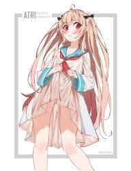 1girl ahoge atri atri-my_dear_moments- black_ribbon blue_sailor_collar blush character_name chinese_commentary clothes_lift commentary copyright_name dress dress_lift feet_out_of_frame gluteal_fold hair_ribbon he_shan123 highres legs lifting_own_clothes light_brown_hair long_hair long_sleeves looking_at_viewer neckerchief parted_lips red_eyes red_neckerchief ribbon sailor_collar sailor_dress sidelocks simple_background solo standing thighs twitter_username two_side_up very_long_hair wet wet_clothes wet_dress wet_hair white_background white_dress wide_sleeves