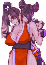 2girls blush breasts brown_hair cleavage collar delarocha82 grabbing_another&#039;s_arm han_juri large_breasts multiple_girls ponytail purple_hair shiranui_mai simple_background spiked_collar spikes street_fighter street_fighter_6 yuri