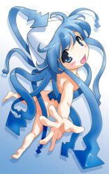 1girl blue_eyes blue_hair blush convenient_censoring hat ikamusume loli long_hair nishizaki_eimu nude prehensile_hair shinryaku!_ikamusume smile solo squid_girl squid_hat tentacle_hair tentacles