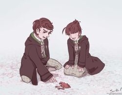 1boy 1girl animal anne_sallow brother_and_sister brown_hair deviantart elzebuth frog harry_potter_(series) hogwarts_legacy hogwarts_school_uniform open_mouth school_uniform sebastian_sallow siblings slytherin smile tears twins warner_bros. white_background wizarding_world