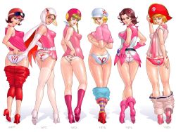 1960s_(style) 1970s_(style) 6+girls amachi_hiromi ass back belt blouse blue_panties boots breasts brown_panties butt_crack casshern_(series) clothes_lift clothes_pull company_connection covered_erect_nipples crossover dress dress_lift gatchaman gloves gowappaa_5_godam hands_on_own_hips hariken_polymar high_heels highres jun_the_swallow jun_the_swan knee_boots kouzuki_luna legs lifting_own_clothes lineup looking_back mach_go_go_go medium_breasts multicolored_legwear multiple_girls namba_teru no_pants oldschool panties pants pants_pull pink_boots pink_heels pink_panties pink_shoes print_panties red_panties retro_artstyle robot_hunter_casshern scarf shimura_michi shirt shoes short_dress shorts shorts_pull sideboob sleeveless socks striped_clothes striped_legwear striped_socks tatsunoko_pro thighhighs thighs trixie uchuu_no_kishi_tekkaman underwear white_panties white_thighhighs zen_and_retro