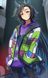 1girl air_shakur_(umamusume) animal_ear_piercing animal_ears black_hair black_pants breasts casual clothing_cutout commentary cowboy_shot ear_ornament ear_piercing eyebrow_piercing face_piercing hands_in_pockets harakomeshi highres horse_ears horse_girl horse_tail jacket long_hair long_sleeves looking_at_viewer official_alternate_costume pants piercing purple_jacket revision small_breasts solo standing tail tail_through_clothes tomboy umamusume