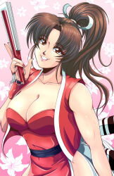 1girl bare_shoulders breasts brown_hair cleavage collarbone fatal_fury fatal_fury_3 female_focus floral_background hand_fan holding holding_fan large_breasts long_hair ninja pelvic_curtain ponytail red_nails shiranui_mai sleeveless snk solo tedbob84