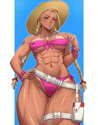 1girl abs belt bikini bikini_tug blonde_hair bracelet braid cammy_white front-tie_top gluteal_fold hat highres jewelry loose_belt low_twin_braids luchidart muscular muscular_female navel necklace official_alternate_costume pouch scar scar_on_face side-tie_bikini_bottom solo stomach strapless strapless_bikini straw_hat street_fighter street_fighter_6 sweat swimsuit tan tanline thick_thighs thigh_pouch thigh_strap thighs twin_braids very_sweaty white_belt