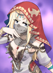 1girl alternate_costume arabian_clothes blonde_hair breasts cleavage dancer grey_eyes grey_shirt harem_outfit highres hornet_(kancolle) kantai_collection long_hair looking_at_viewer medium_breasts mouth_veil nekotarou_(nktr299) red_veil shirt solo upper_body veil