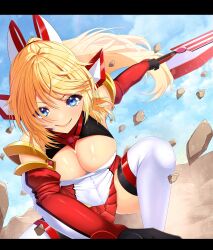 1girl absurdres alternate_costume bare_shoulders black_gloves blonde_hair blue_eyes blue_sky boots breasts cleavage cleavage_cutout closed_mouth clothing_cutout cloud commission cosplay day debris detached_sleeves elbow_gloves exs-tia_chevalier floating_hair gloves hair_between_eyes headgear highres holding holding_sword holding_weapon inuko_inudog kouyoku_senki_exs-tia large_breasts letterboxed long_hair looking_at_viewer miniskirt on_one_knee outdoors pleated_skirt ponytail red_skirt rock saeki_ritsuka skeb_commission skirt sky smile solo sousai_shoujo_teien sword thigh_boots thighhighs v-shaped_eyebrows weapon white_thighhighs wind