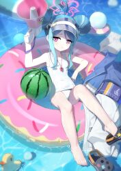 1girl absurdres afloat antenna_hair armband bare_legs bare_shoulders barefoot blue_archive blue_armband blue_hair blush breasts closed_mouth crocs day donut_innertube dot_nose double_bun feet food fruit fubuki_(blue_archive) fubuki_(swimsuit)_(blue_archive) full_body hair_bun halo hand_up highres holding holding_megaphone innertube jacket liwen520 loli looking_at_viewer megaphone multicolored_hair official_alternate_costume old_school_swimsuit on_innertube one-piece_swimsuit pink_halo pink_innertube rubber_duck school_swimsuit short_hair small_breasts solo swim_ring swimsuit toenails toes unworn_jacket visor_cap water watermelon whistle whistle_around_neck white_one-piece_swimsuit white_school_swimsuit