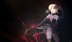 1girl artoria_pendragon_(fate) bare_shoulders black_background black_panties blonde_hair club3 elbow_gloves energy excalibur_morgan_(fate) fate/grand_order fate/stay_night fate_(series) female_focus gloves looking_at_viewer mask pale_skin panties saber_(fate) saber_alter saber_alter_(final_ascension) side-tie_panties solo sword thighhighs underwear upskirt weapon yellow_eyes