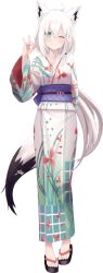 1girl animal_ears fox_ears fox_girl fox_shadow_puppet fox_tail geta green_eyes hololive japanese_clothes kimono official_art one_eye_closed shirakami_fubuki solo tail virtual_youtuber white_hair yukata
