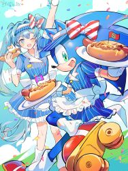 1boy 1girl apron arm_up back_bow blue_eyes blue_hair blue_sky blush bow buttons chili_dog cloud collared_shirt commentary commentary_request confetti crossdressing double-breasted english_commentary feet_out_of_frame flag food hair_between_eyes hand_up hands_up hatsune_miku highres holding holding_food kneehighs leg_up mesmerizer_(vocaloid) natsu_trx one_eye_closed open_mouth plate puffy_short_sleeves puffy_sleeves roller_skates sailor_collar shirt short_sleeves skates sky socks sonic_(series) sonic_the_hedgehog standing standing_on_one_leg star-shaped_pupils star_(symbol) symbol-shaped_pupils twintails vocaloid waist_apron white_apron white_bow white_sailor_collar white_wrist_cuffs wrist_cuffs