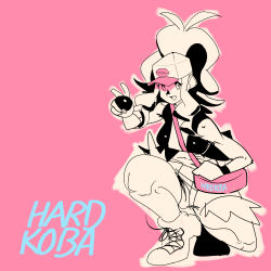 armband fur_trim hardkoba hat highres hilda_(pokemon) looking_at_viewer nintendo open_mouth pink_background poke_ball_symbol pokemon pokemon_bw ponytail shoes shorts sidelocks sneakers vest wavy_hair
