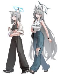 2girls absurdres alternate_costume animal_ear_fluff animal_ears bare_arms bare_shoulders black_pants black_sandals black_shoes black_sports_bra blue_eyes blue_pants cellphone cross_hair_ornament extra_ears hair_behind_ear hair_between_eyes hair_ornament highres holding holding_phone long_bangs long_hair multiple_girls open_clothes open_mouth open_shirt pants phone sandals shiroko_(blue_archive) shiroko_terror_(blue_archive) shirt shoes sidelocks sleeves_rolled_up smartphone sports_bra tagua torn_clothes torn_pants white_shirt white_sports_bra wolf_ears wolf_girl