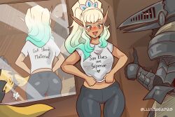 1boy 1girl armor elf english_text lluis_abadias lluisabadias mirror pointy_ears shirt