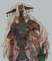 2boys archaic_set_(zelda) earrings furry furry_male grey_hair height_difference jewelry kokekokeimo link long_hair looking_at_another multiple_boys multiple_earrings multiple_rings nintendo pointy_ears rauru_(tears_of_the_kingdom) ring the_legend_of_zelda the_legend_of_zelda:_tears_of_the_kingdom third_eye upper_body very_long_ears very_long_hair zonai