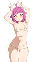 Rule 34 | 1girl, armpits, arms up, bikini, blush, breasts, double v, gluteal fold, goa1126, highres, looking at viewer, love live!, love live! nijigasaki high school idol club, medium hair, micro bikini, navel, open mouth, pink hair, simple background, small breasts, solo, swimsuit, tennoji rina, v, white background, yellow eyes