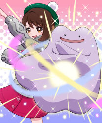 Rule 34 | 1girl, :d, absurdres, blush, brown eyes, brown hair, buttons, cardigan, commentary request, ditto, dress, gen 1 pokemon, gloria (pokemon), green headwear, grey cardigan, happy, hat, highres, nintendo, open mouth, pokemon, pokemon (creature), pokemon swsh, short hair, smile, sparkle, tam o&#039; shanter, tongue, yuu (jgvj7873)