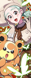 Rule 34 | 1girl, apron, aqua hair, ascot, bear, botamochi (exwelder), breasts, brown apron, brown ascot, brown eyes, brown skirt, buttons, chef hat, gen 2 pokemon, gloves, hat, highres, katy (pokemon), low side ponytail, mole, mole on cheek, nintendo, open mouth, pokemon, pokemon (creature), pokemon sv, puffy short sleeves, puffy sleeves, short sleeves, skirt, smile, spider web print, teddiursa, waist apron