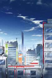 1other artist_name blue_sky building city cloud day highres kvacm mirror&#039;s_edge_(series) original other_focus outdoors running scenery silhouette simple_bird sky skyscraper solo