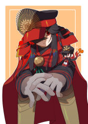 Rule 34 | 1girl, black cape, black hair, black hat, blush, brother and sister, cape, chibi, crest, family crest, fate/grand order, fate (series), fiery hair, gloves, hair over one eye, hat, highres, jacket, kmot ybsg, long hair, long sleeves, low ponytail, military hat, oda nobukatsu (fate), oda nobunaga (fate), oda uri, pants, peaked cap, ponytail, red cape, red eyes, red hat, red pants, siblings, sidelocks, sitting, two-tone background, two-tone hat, white background, white gloves, yellow background