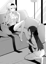 absurdres affectionate applying_makeup bare_legs blonde_hair bow brown_hair closed_eyes couple hair_bow hair_ornament hair_ribbon hairclip headband highres kissing_leg kneehighs kneeling looking_down on_floor ribbon saijou_claudine seductive_smile shirt shoujo_kageki_revue_starlight shoujo_kageki_revue_starlight_-re_live- sitting sitting_on_object smile socks tendou_maya white_shirt