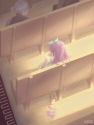 2girls absurdres artist_name aubrey_(faraway)_(omori) aubrey_(omori) baseball_bat blue_hairband faceless faceless_female hair_bun hairband highres indoors long_hair minpupunkun multiple_girls nail_(hardware) nail_bat omori pew pink_hair shoes short_hair sneakers