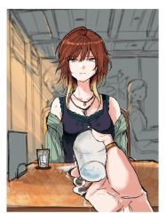 3girls aketa_mikoto blonde_hair border brown_hair cup eshaku_(asifu-coffee) faceless faceless_female facing_viewer gradient_hair highres holding holding_cup idolmaster idolmaster_shiny_colors ikaruga_luca jewelry looking_at_viewer multicolored_hair multiple_girls nail_polish on_chair pov pov_hands restaurant ring shirt sitting sleeveless sleeveless_shirt table thrown upper_body water water_drop wet wet_clothes wet_face wet_hair white_border