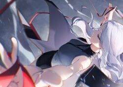 1girl black_shirt black_skirt closed_mouth collared_shirt floating_hair hatski.sin highres long_hair original red_eyes red_ribbon ribbon shirt skirt sleeveless sleeveless_shirt solo white_hair