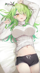 1girl absurdres antlers bare_legs braid braided_bangs breasts ceres_fauna clothes_lift drawstring gradient_hair green_eyes hair_over_one_eye hair_petal hands_up highres hololive hololive_english horns large_breasts looking_at_viewer mole mole_under_eye multicolored_hair nail_polish navel on_bed short_shorts shorts shuuzo3 solo sweater virtual_youtuber white_sweater yellow_eyes