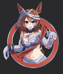 1girl :d absurdres animal_ears bandaged_arm bandaged_head bandages blue_eyes breasts brown_hair chest_sarashi commentary_request ear_ornament ghostbusters hair_between_eyes halloween highres horse_ears horse_girl large_breasts long_hair looking_at_viewer navel official_alternate_costume official_alternate_hairstyle open_mouth outstretched_arms purple_nails sarashi smile solo super_creek_(chiffon_ribbon_mummy)_(umamusume) super_creek_(umamusume) umamusume upper_body wrist_cuffs yamada_(c57hikaru)