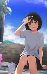 absurdres amagami bench black_hair black_skirt bottle commentary_request day feet_out_of_frame grey_eyes grey_shirt hand_up highres holding holding_bottle kagari_ds looking_at_viewer nanasaki_ai on_bench open_mouth outdoors pleated_skirt shirt short_hair short_sleeves sitting skirt sky t-shirt water_bottle wooden_bench