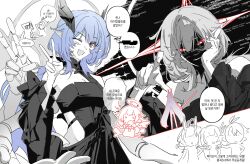 3boys 4girls ;o ahoge black_dress blue_hair breasts cleavage commentary_request dress elf elf_elysia elysia_(honkai_impact) flame_reaver_of_the_deepest_dark halo highres hino_satoshi holding holding_staff honkai:_star_rail honkai_(series) honkai_impact_3rd in-franchise_crossover irontomb kevin_kaslana korean_commentary korean_text long_hair multiple_boys multiple_girls one_eye_closed phainon_(honkai:_star_rail) pointy_ears raiden_mei raiden_mei_(herrscher_of_thunder) red_eyes seza_(enlwnaos) smile staff translation_request v