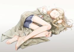 1girl absurdres barefoot blonde_hair blush crane666 feet gakuen_idolmaster highres idolmaster long_hair looking_at_viewer lying on_side one_eye_closed shinosawa_hiro toes yellow_eyes