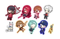 Rule 34 | 3girls, 4boys, amada ken, aqua hair, aragaki shinjirou, axe, bag, bandaid, bandaid on face, bandaid on forehead, baseball cap, beanie, black jacket, black pants, black shorts, black skirt, black socks, blue shirt, blush, blush stickers, bow, bowtie, brown eyes, brown hair, brown shoes, cardigan, closed eyes, closed mouth, coat, commentary request, dog, full body, gekkoukan high school uniform, grey hair, hat, highres, holding, holding axe, holding bag, holding polearm, holding sword, holding weapon, hood, hood down, hoodie, index finger raised, iori junpei, jacket, kirijou mitsuru, koromaru (persona), long hair, looking at viewer, miniskirt, multiple boys, multiple girls, nagseogye, neck ribbon, one eye closed, orange hoodie, pants, pantyhose, parted lips, persona, persona 3, pink cardigan, polearm, praying, red bow, red bowtie, red coat, red eyes, red hair, red sweater vest, ribbon, sanada akihiko, school uniform, shirt, shoes, shorts, skirt, smile, socks, sweater vest, sword, takeba yukari, weapon, white background, white pantyhose, white shirt, yamagishi fuuka