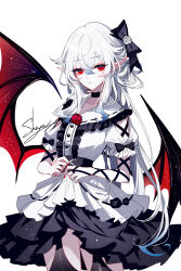 1girl artist_name black_bow black_choker bow center_frills choker clothing_cutout corset cowboy_shot dress frills hair_bow highres long_hair looking_at_viewer nail_polish original petticoat pointy_ears puffy_short_sleeves puffy_sleeves red_eyes red_nails sheya short_sleeves shoulder_cutout signature simple_background solo standing very_long_hair white_background white_dress white_hair wings