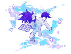 Rule 34 | animal, animal focus, animalization, bright pupils, chinese commentary, collared shirt, commentary, commentary request, cookie, cutie mark, english commentary, food, from above, hero (headspace) (omori), hero (omori), highres, long sleeves, looking at viewer, mixed-language commentary, mouth hold, my little pony, my little pony: friendship is magic, no humans, omori, pony (animal), purple hair, purple tail, shirt, short hair, simple background, solo, sparkle, striped clothes, striped shirt, tiezhu17, tray, vertical-striped clothes, vertical-striped shirt, very short hair, white background, white pupils, white shirt