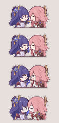 2girls absurdres cheschorv chewing chibi chopsticks dango closed_eyes feeding flower food genshin_impact hair_flower hair_ornament highres japanese_clothes kimono kiss miko mole mole_under_eye multiple_girls open_mouth pink_hair purple_eyes purple_hair raiden_shogun smile tofu wagashi yae_miko