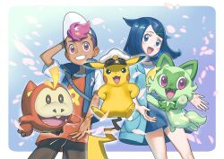 1boy 1girl absurdres black_hair blue_eyes blue_hair captain_pikachu commentary_request cowlick dark-skinned_male dark_skin eyelashes fuecoco gen_1_pokemon goggles hair_ornament hairclip hat highres holding jacket liko_(pokemon) multicolored_hair nintendo official_art open_clothes open_jacket open_mouth pikachu pink_hair pokemon pokemon_(anime) pokemon_(creature) pokemon_horizons roy_(pokemon) shirt short_hair short_sleeves shorts smile sprigatito teeth two-tone_hair white_shirt