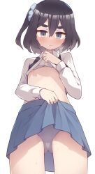 1girl absurdres amamiya_satsuki_(mono) black_hair blue_eyes blue_skirt blush character_request check_character closed_mouth clothes_lift collared_shirt commission damao_(kiwa777) flat_chest hair_between_eyes hair_ornament hair_scrunchie highres lifting_own_clothes long_sleeves looking_at_viewer mono_(afro) nipples one_side_up panties scrunchie shirt shirt_lift short_hair simple_background skirt skirt_lift solo standing sweat thick_eyebrows underwear white_background white_panties white_shirt