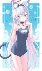 1girl absurdres air_bubble animal_ear_fluff animal_ears bare_arms black_eyes black_hairband blue_archive blush bubble cat_ears cat_tail collarbone commentary covered_navel hair_over_one_eye hairband halo highres itami_riya long_hair name_tag old_school_swimsuit parted_lips plana_(blue_archive) red_halo red_pupils school_swimsuit solo swimsuit tail translated very_long_hair water_drop