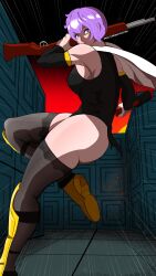 1girl absurdres alternate_costume artist_name ass beyond_citadel boots explosive gold_boots grenade gun henry_rifle highres lever_action martyr_(the_citadel) motion_lines muscular muscular_female pantyhose politrukkozmin red_sky revealing_clothes rifle sky solo tank_top the_citadel weapon