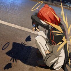 1girl absurdres ahoge arknights black_gloves black_jacket black_shoes cat_shadow_puppet commentary detached_wings dress energy_wings exusiai_(arknights) exusiai_the_new_covenant_(arknights) fingerless_gloves gloves halo highres jacket medium_hair one_side_up outdoors red_hair shadow shimizu_kazunari shoes solo squatting thighhighs traditional_halo white_dress white_thighhighs wings yellow_halo