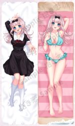 1girl bikini black_bow blue_eyes blush bow breasts daki_koi dakimakura_(medium) fujiwara_chika kaguya-sama_wa_kokurasetai_~tensai-tachi_no_renai_zunousen~ large_breasts long_hair long_sleeves looking_at_viewer lying on_back pink_hair school_uniform socks swimsuit