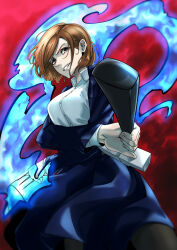 1girl absurdres black_jacket black_skirt blazer blue_fire breasts buttons character_request collared_shirt copyright_request cowboy_shot crossed_arms determined dress_shirt dual_wielding eyelashes fire flaming_weapon furrowed_brow grey_eyes grin hammer highres holding holding_hammer jacket jujutsu_kaisen kugisaki_nobara large_breasts lipstick long_skirt looking_at_viewer makeup open_clothes open_jacket orange_hair pink_lips red_background shirt short_hair skirt smile solo taiju_(gr09kuma) weapon white_shirt