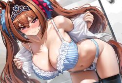 1girl animal_ears asdkd123 bare_shoulders bent_over black_thighhighs blue_bra blue_panties blush bra breasts brown_hair cleavage closed_mouth crown daiwa_scarlet_(umamusume) hair_between_eyes hair_intakes highres horse_ears horse_girl horse_tail large_breasts long_hair looking_down navel no_pants panties shirt sidelocks solo stomach striped_bra striped_clothes striped_panties sweatdrop tail thighhighs twintails umamusume underwear undressing variant_set white_shirt
