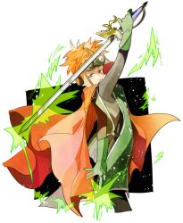 1980s_(style) 1boy arm_up brown_cape cape dragon_quest dragon_quest_ii gloves green_gloves grey_eyes holding holding_sword holding_weapon light_particles looking_at_viewer magic male_focus mari-mason oldschool orange_hair prince_of_samantoria short_hair solo sword weapon