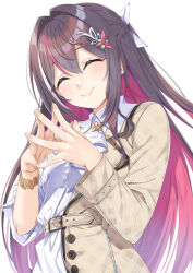 Rule 34 | 1girl, ascot, azki (4th costume) (hololive), azki (hololive), black hair, bracelet, braid, brown coat, closed mouth, coat, collared dress, colored inner hair, commentary request, double-parted bangs, dress, fingernails, hair between eyes, hair intakes, hair ornament, hairclip, half-coat, half up half down braid, hololive, jewelry, long hair, miri (ago550421), mole, mole under eye, multicolored hair, pink hair, single sidelock, smile, solo, steepled fingers, streaked hair, three-quarter sleeves, very long hair, virtual youtuber, white ascot, white background, white dress, white hair